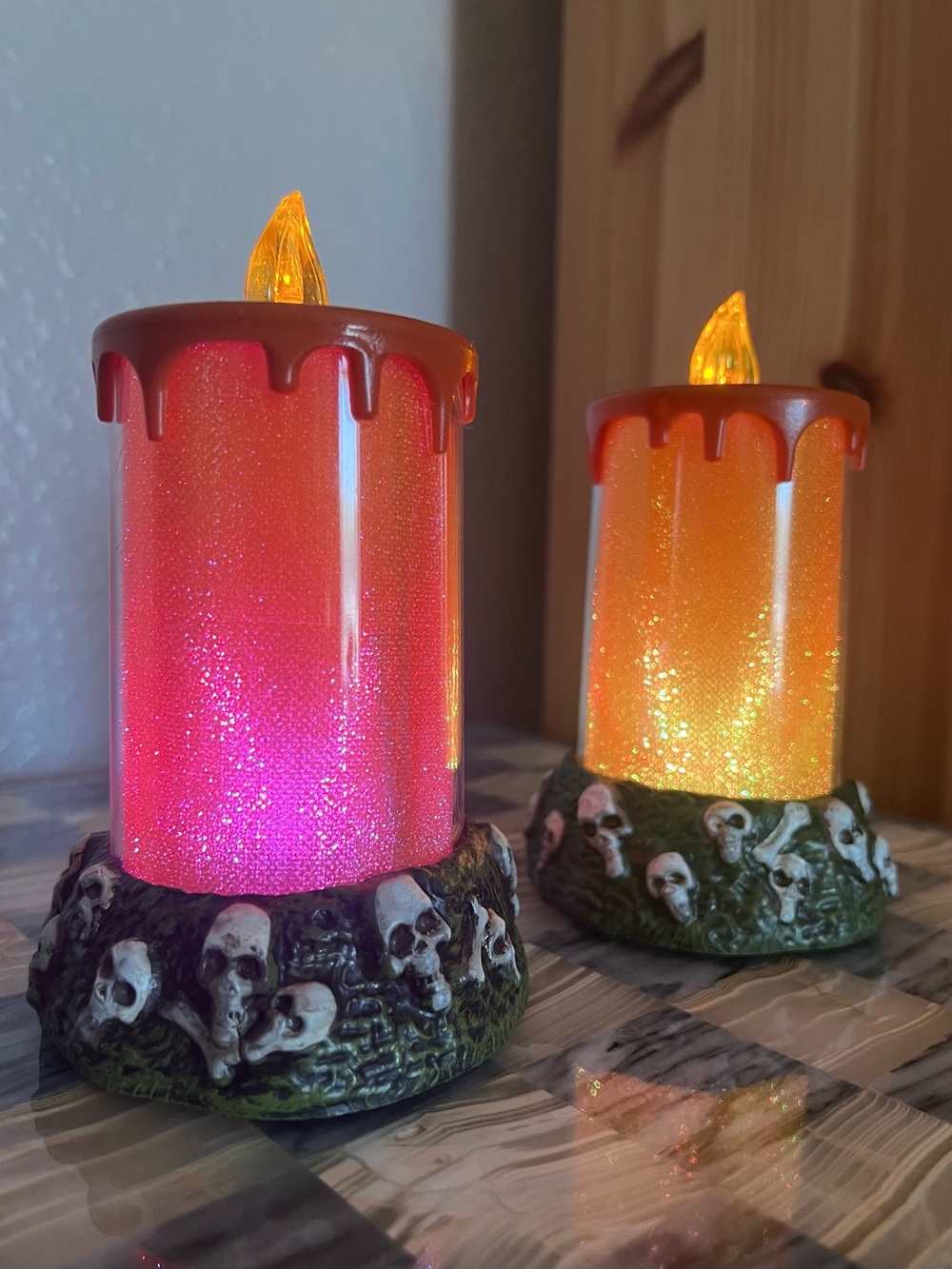 (2) Vintage Color Changing Flameless Halloween Candles with Skulls